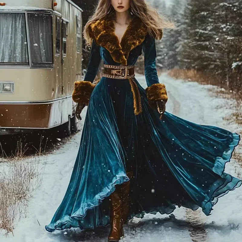 Winter Ethnic Hair Collar Gold Velvet Party Dress Sexy Women Print Feather Bohe Long Dresses Retro High Waist Vacation Dresse