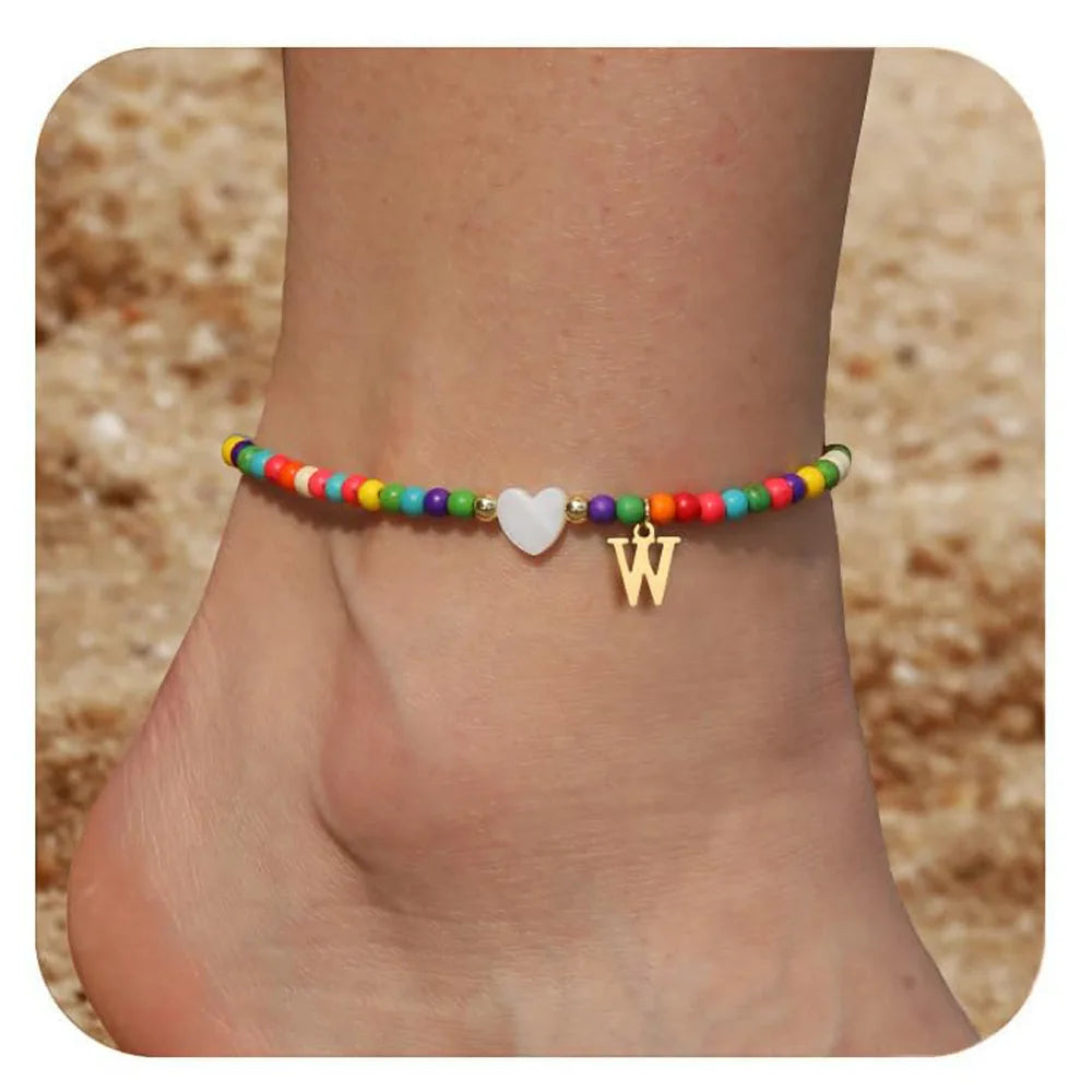 KIMLUD, Rainbow Round Beads Anklet Stainless Steel Love Heart 26 Letters A-Z Pendant Anklets For Women Boho Gold Color Ankle Bracelet, W, KIMLUD APPAREL - Womens Clothes