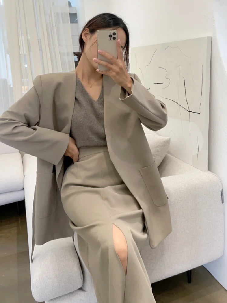 Autumn Winter Two Piece Set Women Long Sleeve V-neck Lace-up Suit Jacket Loose Blazer + High Waist Split Skirt 2 Piece Outfits