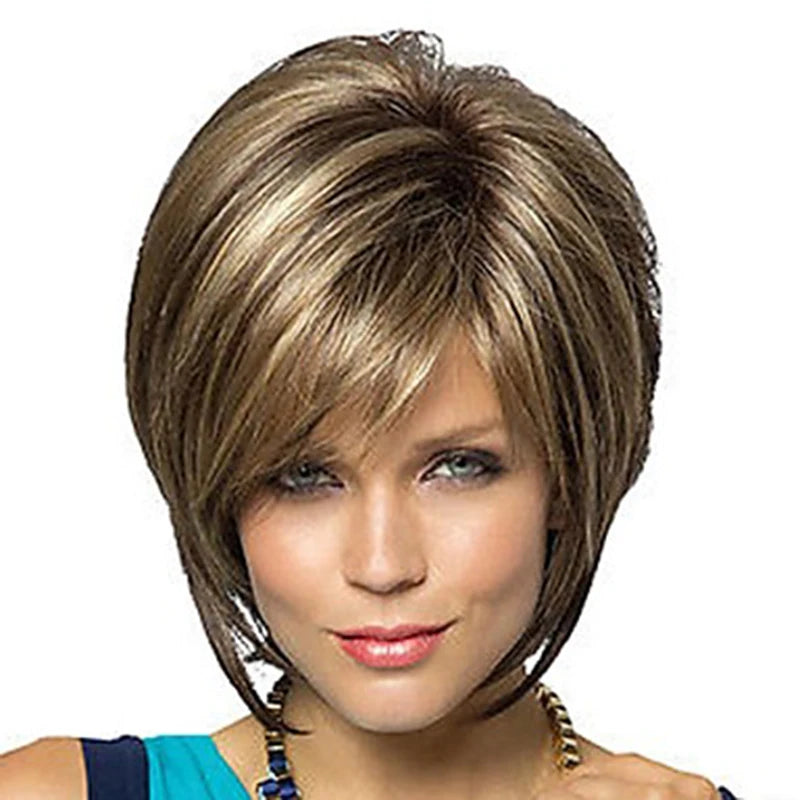 HAIRJOY Women Straight Bangs Style Pixie Cut Synthetic Hair Wig Brown Mixed Short Wigs Machine Made - KIMLUD