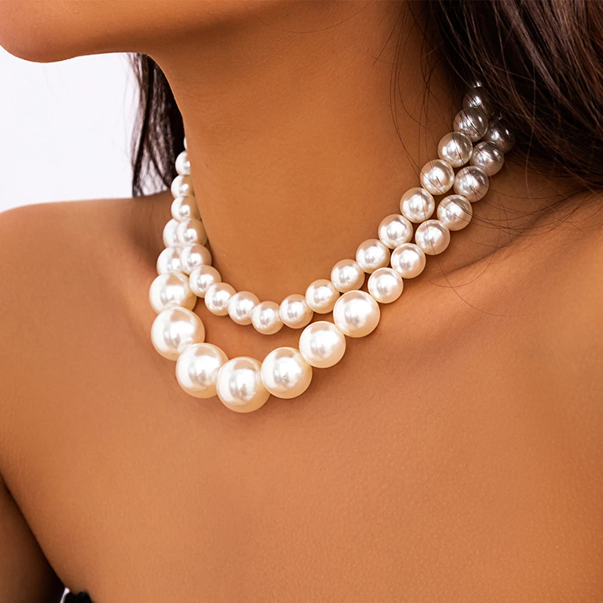 2Pcs/Set Luxury Elegant Big Imitation Pearl Choker Necklace for Women Exaggerated Multilayer Beaded Collar Chain Wedding Jewelry