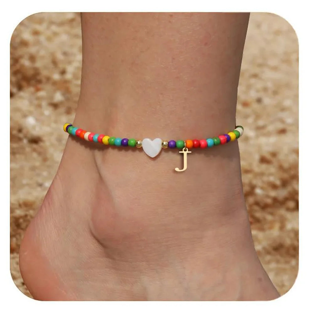 KIMLUD, Rainbow Round Beads Anklet Stainless Steel Love Heart 26 Letters A-Z Pendant Anklets For Women Boho Gold Color Ankle Bracelet, J, KIMLUD APPAREL - Womens Clothes