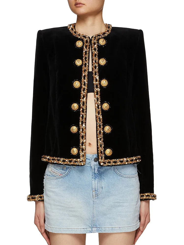 HIGH STREET Newest Fashion 2024 Designer Women's Sequined Chain Beaded Lion Buttons Velvet Jacket