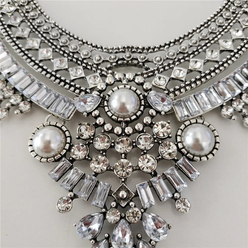 2024 New Indian Vintage Statement Metal Necklace Earrings Women Jewelry Sets Boho Retro Maxi Collar Necklace With Crystal Pearls