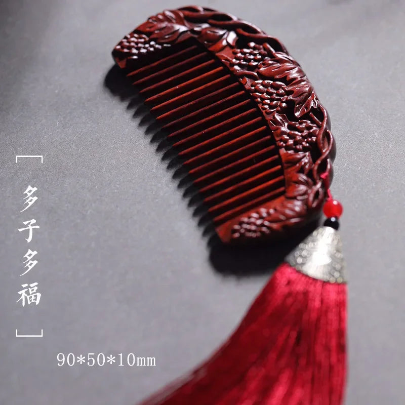 Natural Rhinoceros Horn Small Leaf Red Sandalwood Carved Wood Comb Retro Style Massage Comb Gifts with comb