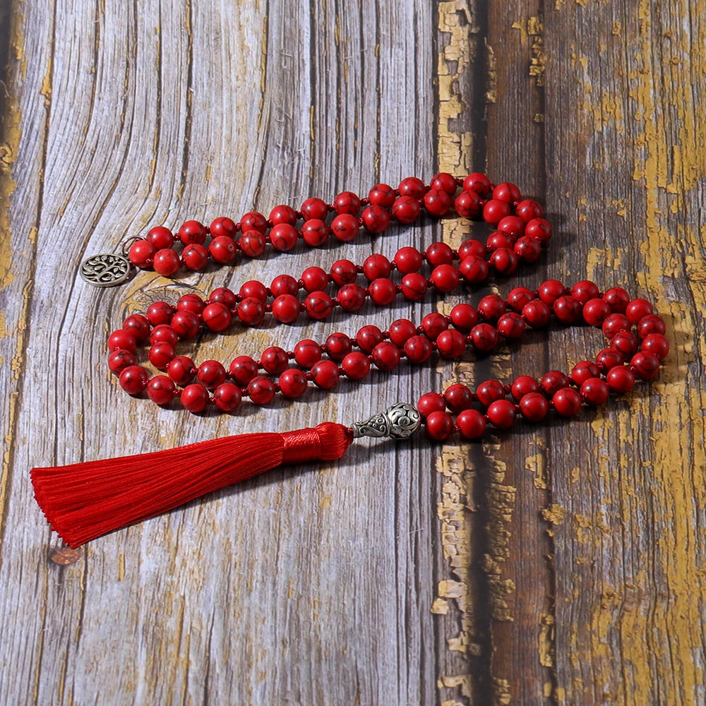 8mm Red Turquoise Knotted 108 Mala Beaded Necklace Meditation Yoga Blessing  Jewelry for Men and Women