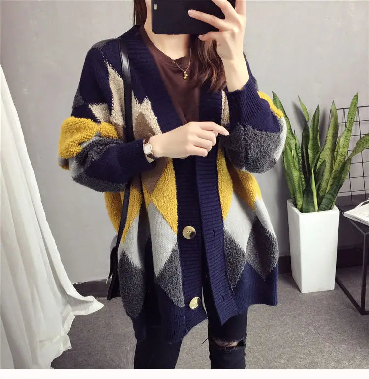 Slouchy Style Sweater Women's Cardigan Loose Autumn and Winter Korean 2023 New Style Outerwear Knitted Jacket Medium Length