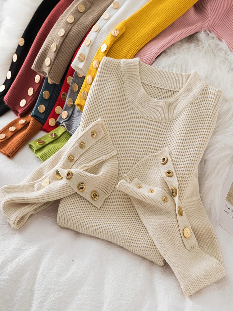 2024 women thick sweater pullovers khaki casual autumn winter button o-neck chic sweater female slim knit top soft jumper tops - KIMLUD