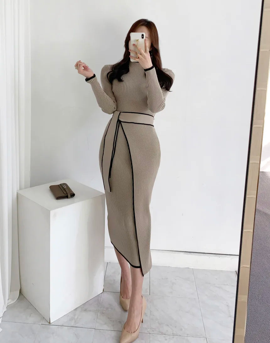 Elegant Stand Collar Contrast Bandage Long Sleeve Women Knitted Dress Autumn Korean Fashion Casual Knit Bodycondresses Vestidos