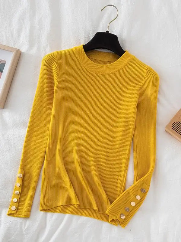 KIMLUD, 2024 women thick sweater pullovers khaki casual autumn winter button o-neck chic sweater female slim knit top soft jumper tops, Yellow / One Size, KIMLUD APPAREL - Womens Clothes