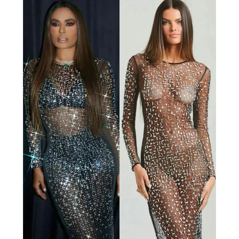 Glitter Female Cover up Maxi Dress Mesh See-Through Split Fashion Long Sleeve Slim Sexy Beach Cover up Dress For Women New