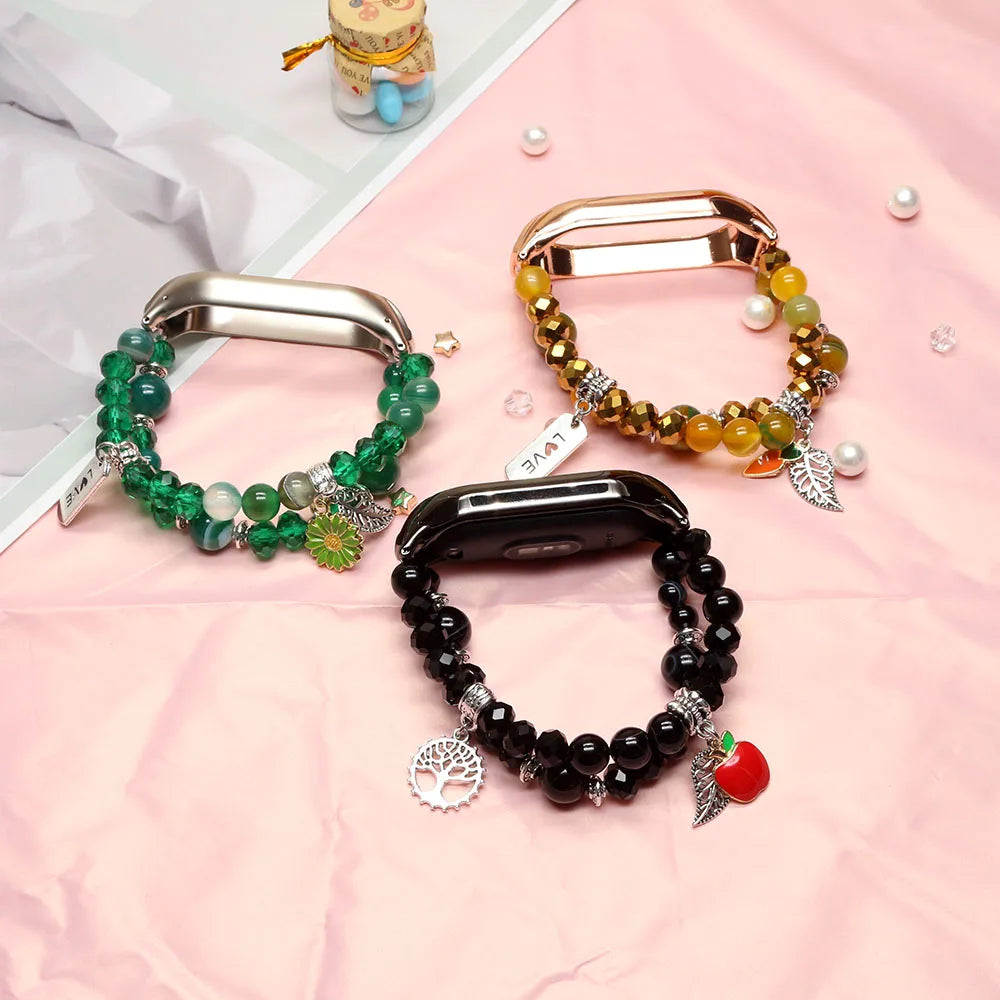 Mi band 7 strap green bracelet for Xiaomi mi band 7 bands for woman luxury agate crystal beads elastic watchband dressy Luxury