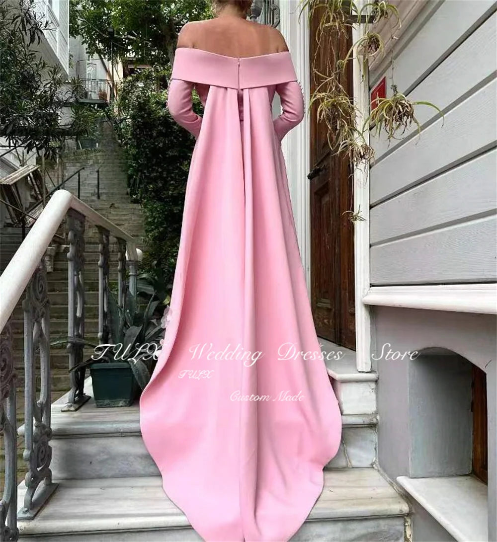 TULX Evening Dresses Crepe Off the Shoulder Appliques 3D Floral Exquisite Floor Length Pink Luxurious السعود For Woman 2025