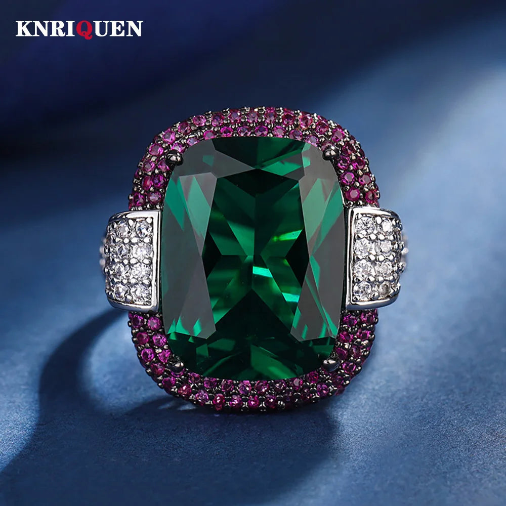 2023 Vintage 12*16MM Ruby Emerald Rings Lab Diamond Wedding Bands Gemstone Cocktail Party Fine Jewelry Female Anniversary Gifts - KIMLUD