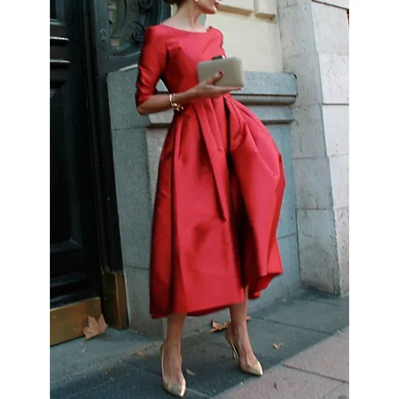 UOOZEE Women's Elegant Banquet Evening Midi Dresses 2024 New Autumn Half Sleeves Pleated Solid Color Party A-Line Dress