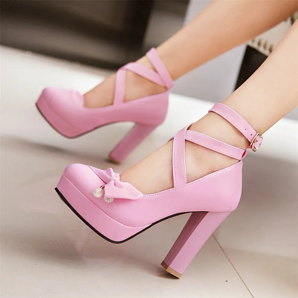 High Heels Women 2024 Trend Chunky Heels Platform Lolita Mary Jane Elegant Party Korean Shoes Dress White The Glossy Fashion