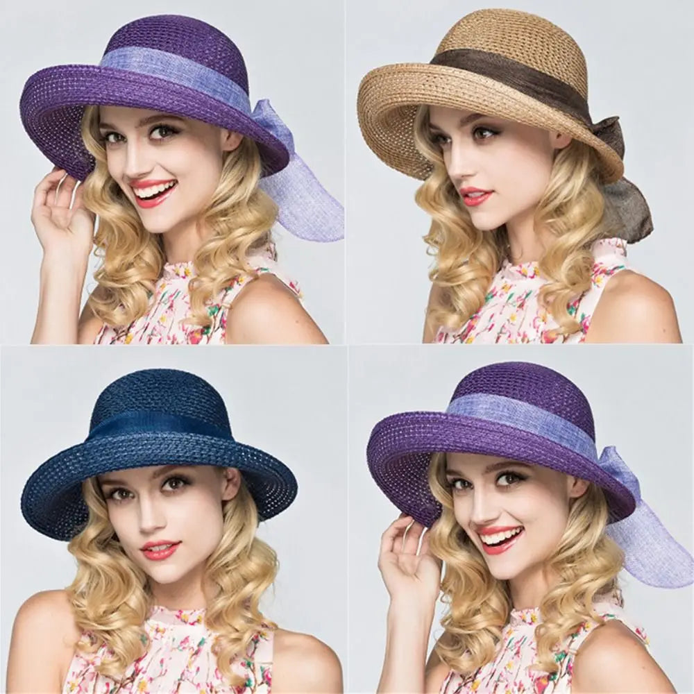 Summer Bow Ribbon Sun Hat Panama Women's Cap Bonnet Beach Straw Hats