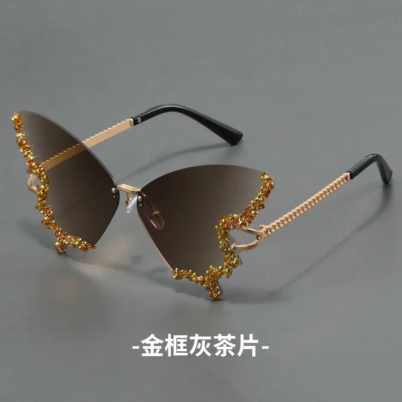 KIMLUD, New butterfly shape diamond rimless fashion sunglasses personality exaggerated cool tide men and women models sunglasses, 3 / Gold, KIMLUD APPAREL - Womens Clothes