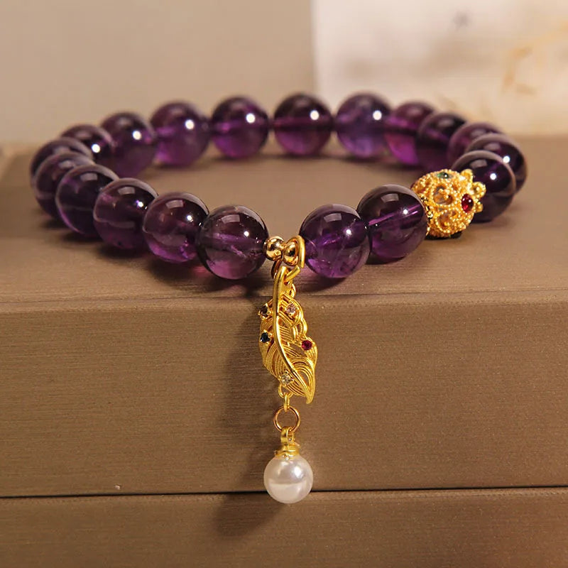 Natural Amethyst Bracelet  Women's Light Luxury Wishing Lucky Cat Beaded Pendant Hand Chain Best Friend Bangles Jewelry Gift