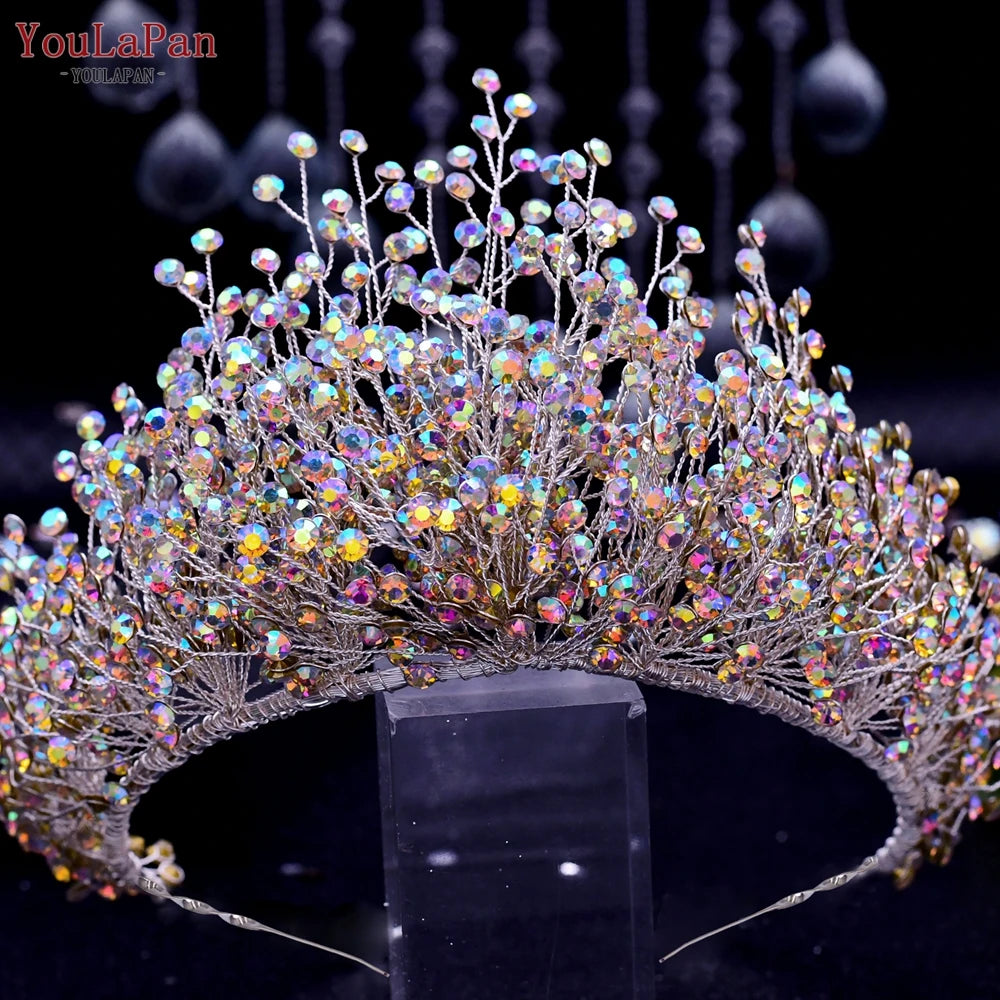 KIMLUD, YouLaPan Trendy Bridal Hair Hoop Colorful Rhinestone Wedding Crown Handmade Bride Tiara Hair Accessories Woman Headband HP193P-C, KIMLUD Womens Clothes