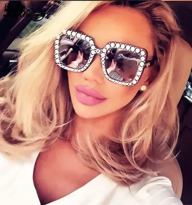 Glitter Women Sunglasses Brand Design Flash Square Shades Mirror Female Sun Glasses Bezel Bling Rhinestones - KIMLUD