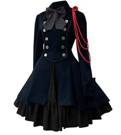 Medieval Cosplay Costumes Retro Gothic Lace Up Chain Bow Lolita Maid Dress Long Sleeves Ruffle Classic Slim Knee Sweet Dress