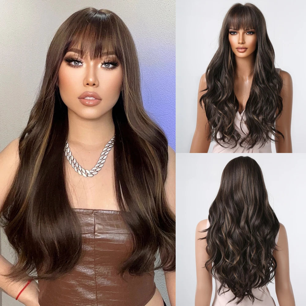 ESIN Red Brown Wavy Synthetic Wigs with Bangs Long Natural Wave Wig for Women Halloween Cosplay Party Colored Wig Heat Resistant - KIMLUD