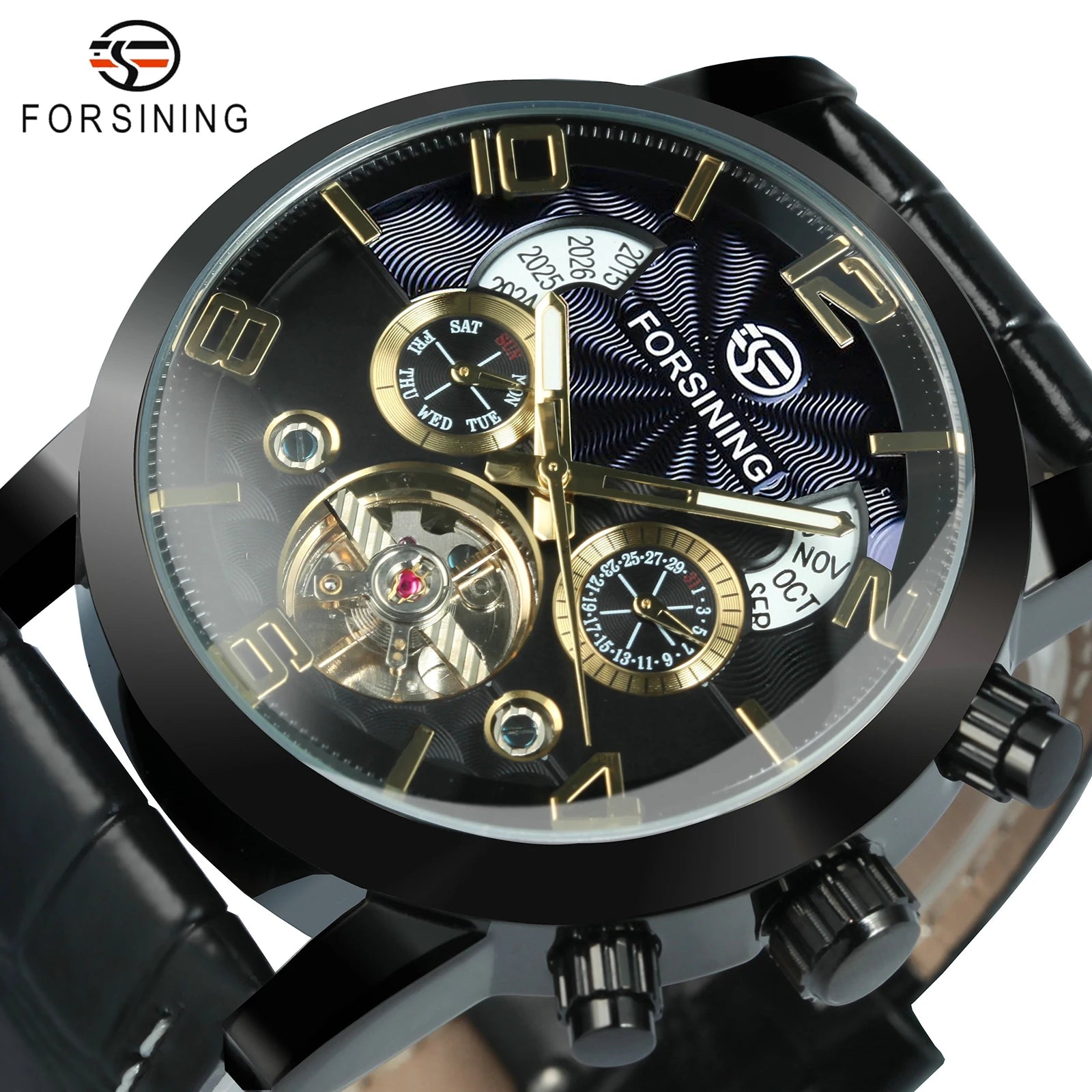 Forsining Classic Tourbillon Men Mechanical Wristwatches Top Brand Luxury Multifunction Automatic Watch Leather Strap Male Clock - KIMLUD