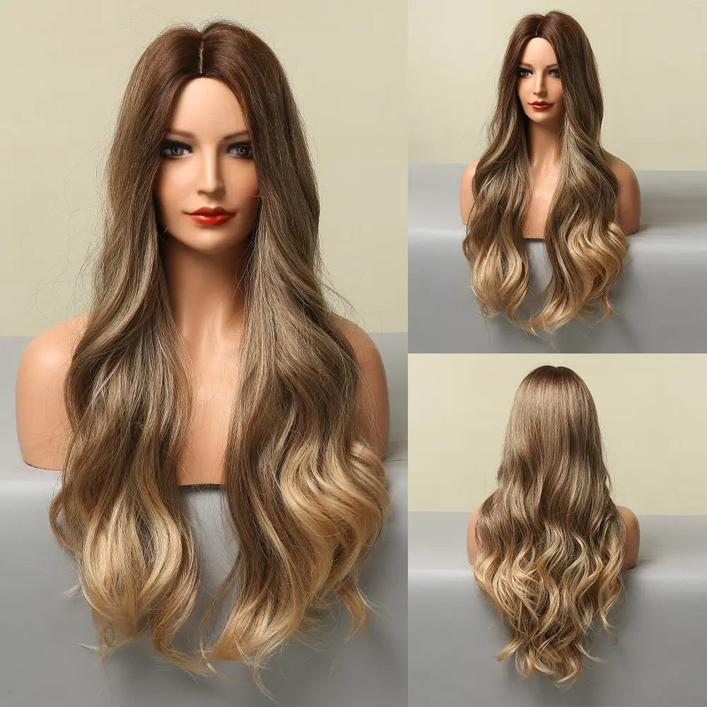 Long Wavy Wigs White Blonde Brown Roots Synthetic Natural Wave Hair Cosplay Wigs for Women High Temperature Fiber Middle Part