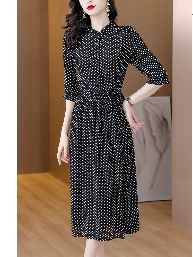 Spring Fashion Elegant Silk Printed Dress For Women 2023 New Versatile 5/4 Sleeve Loose Fit Casual Holiday Knee Length Dress Ves