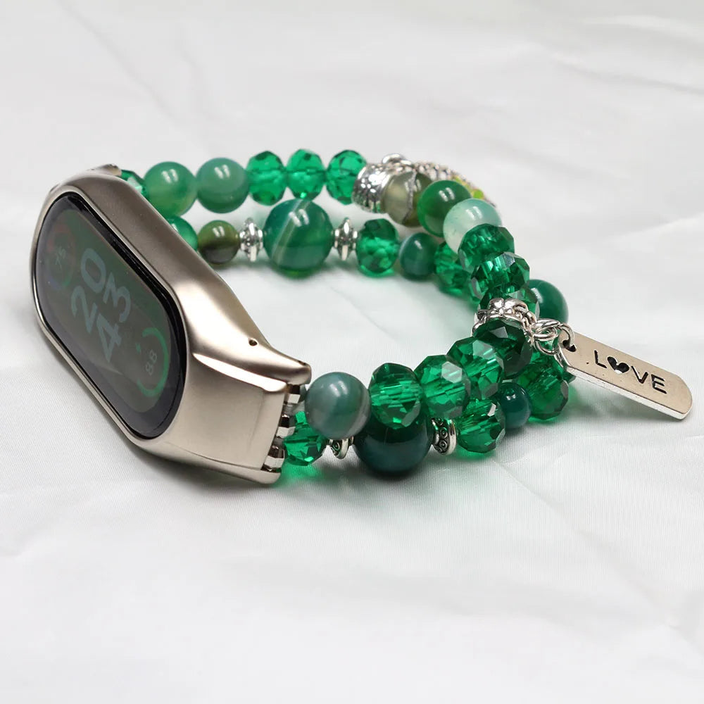 Mi band 7 strap green bracelet for Xiaomi mi band 7 bands for woman luxury agate crystal beads elastic watchband dressy Luxury