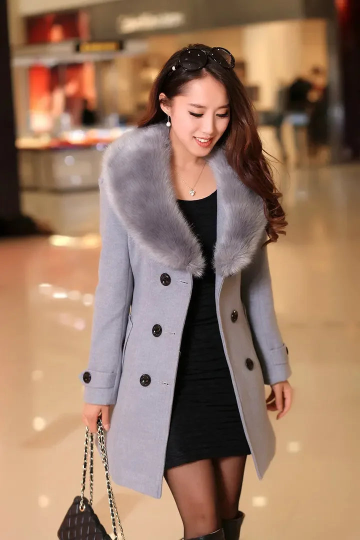 Mid Length Wool Coats Women Fur Collar Splice Blends Korean Full Sleeve Double Breasted Lace Up Belt Thick Warm Winter Jackets