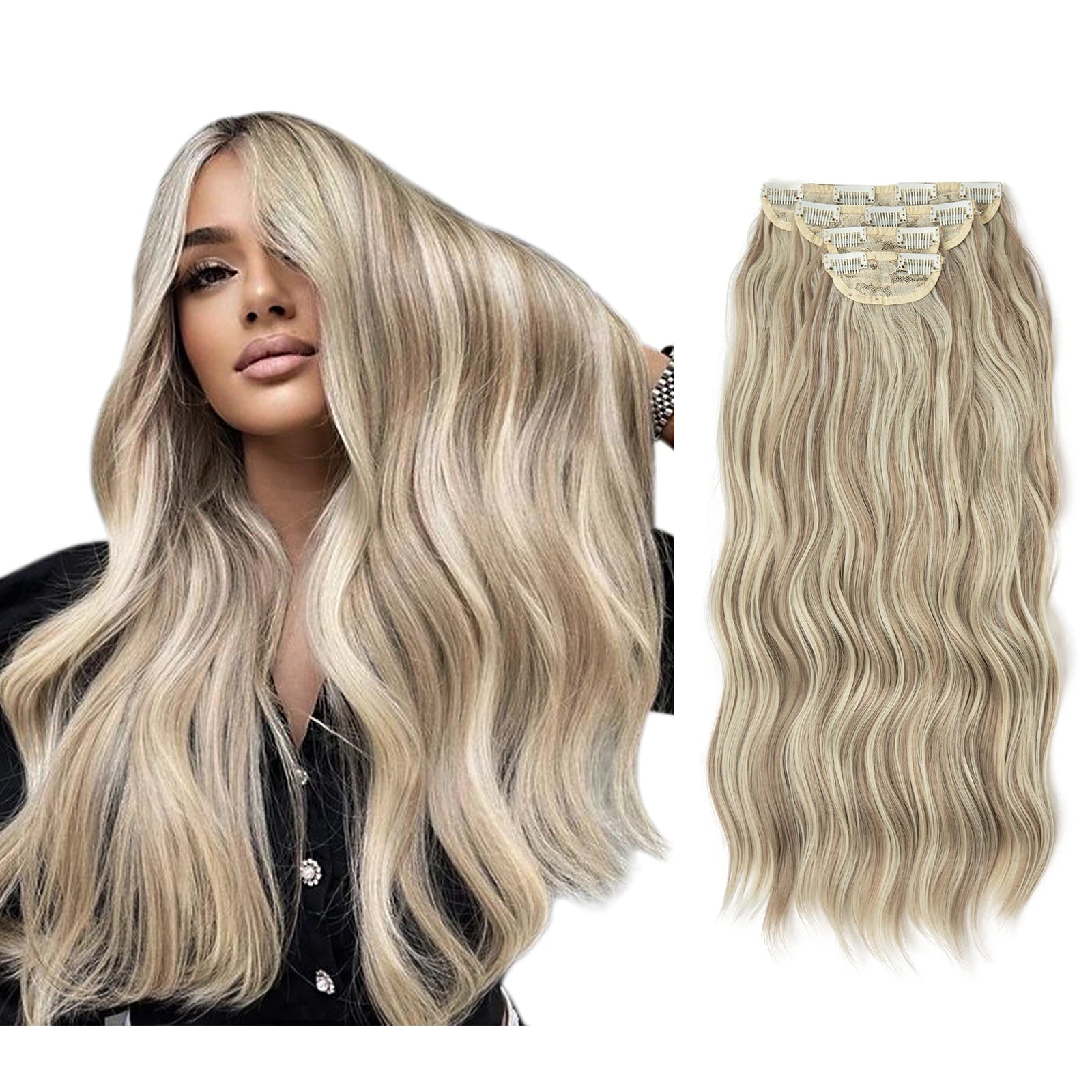 22" 4pcs/set Synthetic Clip In Hair Extensions Elegant Long Wavy Thick Hairpiece Daily Use Brown Blonde Natural Fake Hair