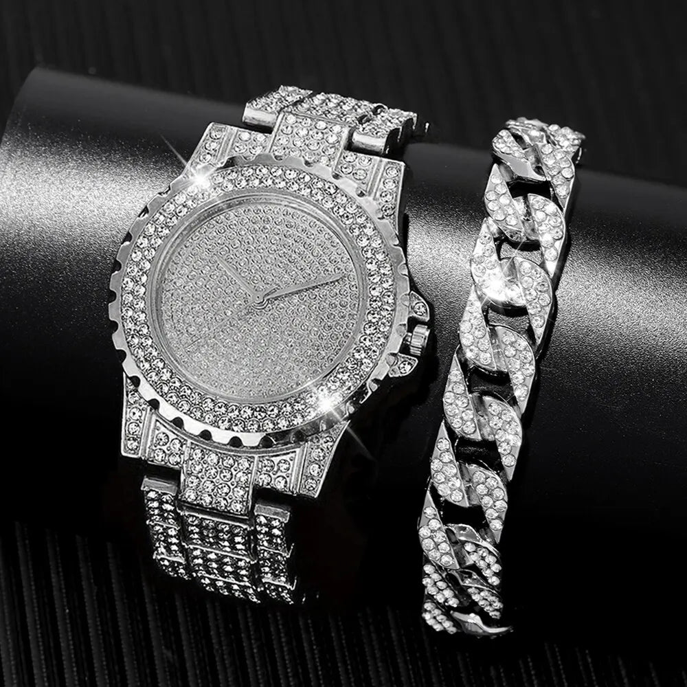 2pcs Stylish Shiny Full Diamond MEN'S Large Dial Steel Band Quartz Watch with Diamond Inlaid Chain Bracelet Set