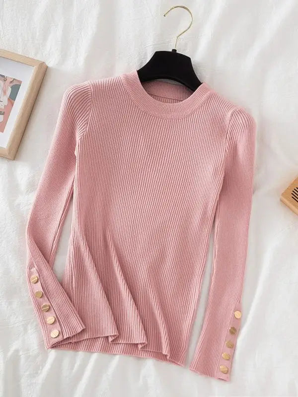 KIMLUD, 2024 women thick sweater pullovers khaki casual autumn winter button o-neck chic sweater female slim knit top soft jumper tops, Pink / One Size, KIMLUD APPAREL - Womens Clothes