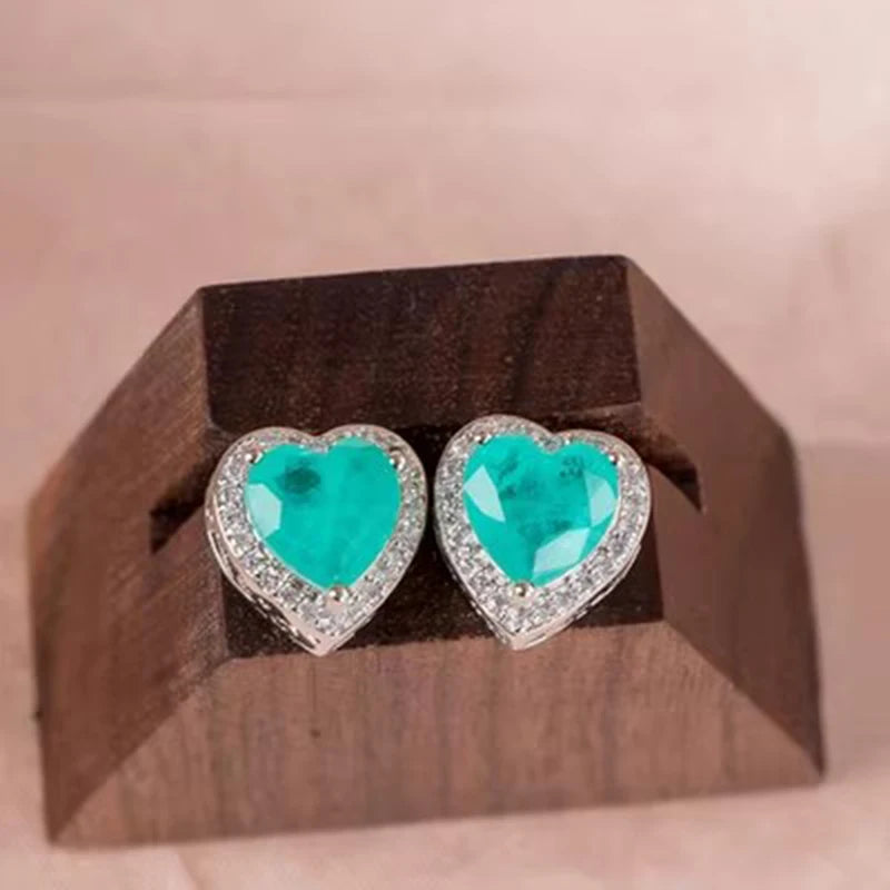 KIMLUD, Silver Heart Shape Paraiba Tourmaline Gemstone Stud Earrings For Women Fashion Wedding Statement Jewelry Anniversary Gift, KIMLUD Womens Clothes