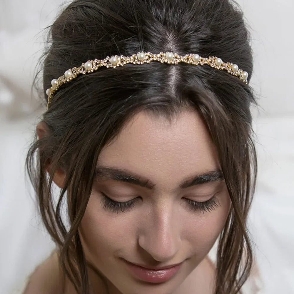 New Fashion Women Elastic Rhinestone Headband Women Wedding Bridal Hair Chain Pearl Crystal Hair Band Head Chain Accessories