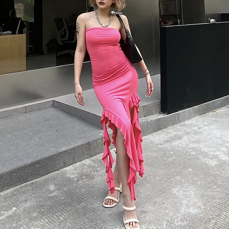 Women Sexy Strapless Off Shoulder Midi Dress Ruffles Split Beach Maxi Dress Elegant Bodycon Summer Slim Fit Party Female Vestido