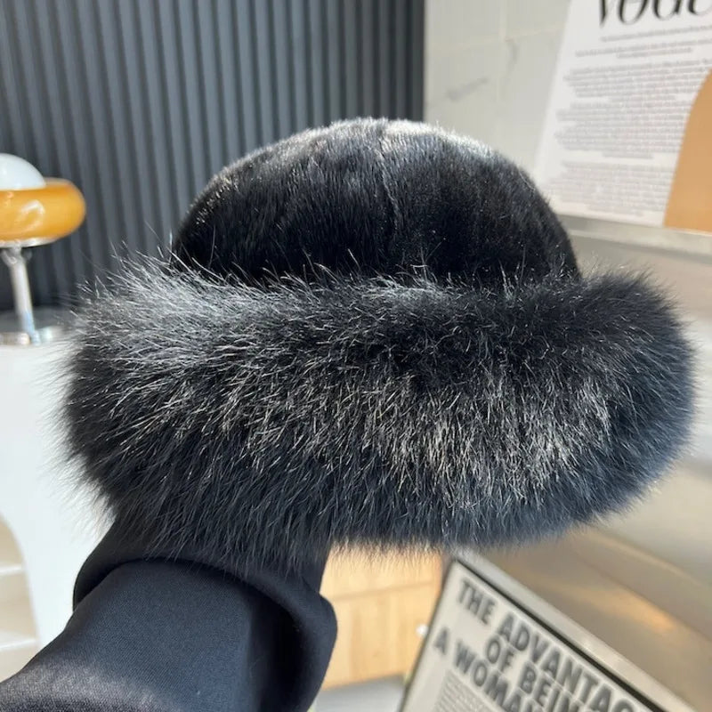 Real Mink Fur Hat For Women Winter Natural Mink Fur Hat With Fox Fur Brim Female Fashion Fisherman Hat Thicked Fur Bomber Hats