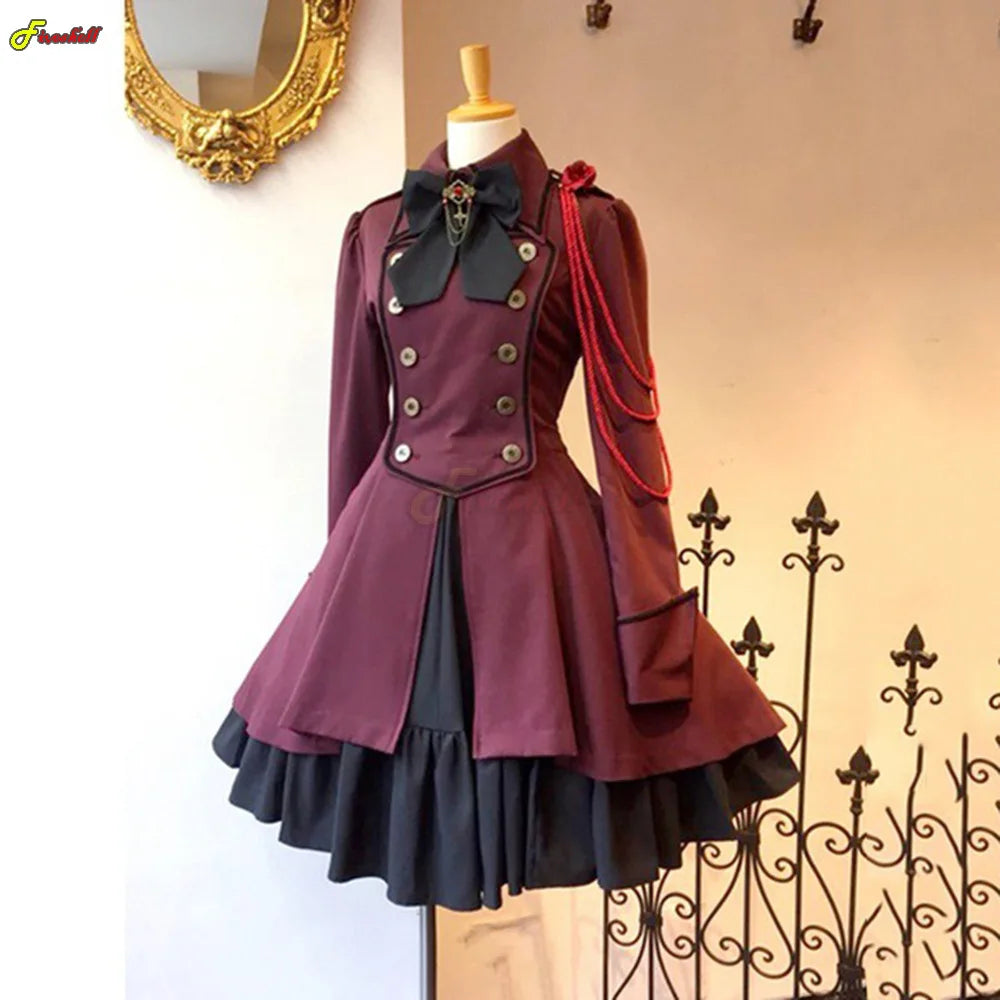 Medieval Cosplay Costumes Retro Gothic Lace Up Chain Bow Lolita Maid Dress Long Sleeves Ruffle Classic Slim Knee Sweet Dress