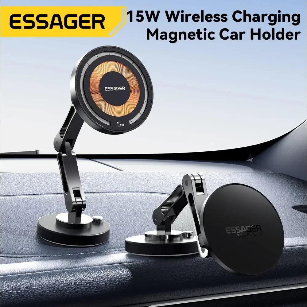 Essager Magnetic Wireless Charger Car Phone Holder 15W Fast Charging Easy Paste Mount Stand For Magsafe iPhone 15 14 13 Pro Max - KIMLUD