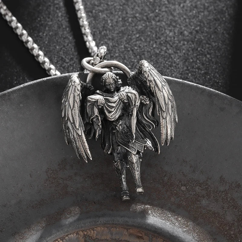 KIMLUD, Stainless Steel Creative Personality Prayer Angel Pendant Necklace Men and Women Fashion Trend Hip Hop Punk Accessories Jewelry, AL20177-Silver, KIMLUD APPAREL - Womens Clothes