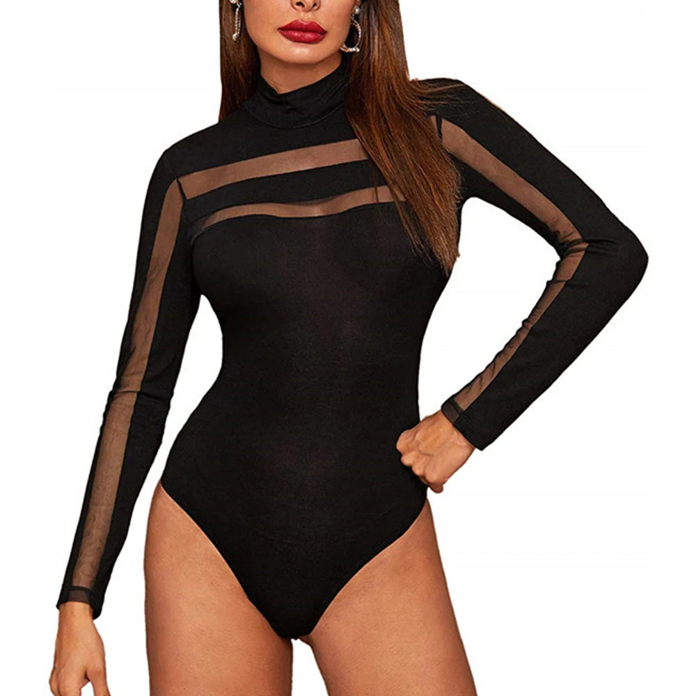 Mesh See Through Sexy Bodysuit Women Long Sleeve Round Neck Skinny Backless Patchwork Slim High Waist Wild Slim Rompers