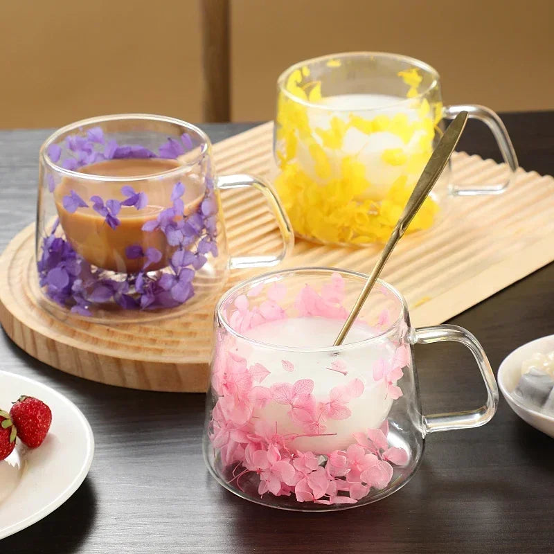 Double Wall Dry Flowers Transparent Glass Coffee Cup with Handle Double-layer Heat Insulation High Temperature Juice Milk Cup - KIMLUD