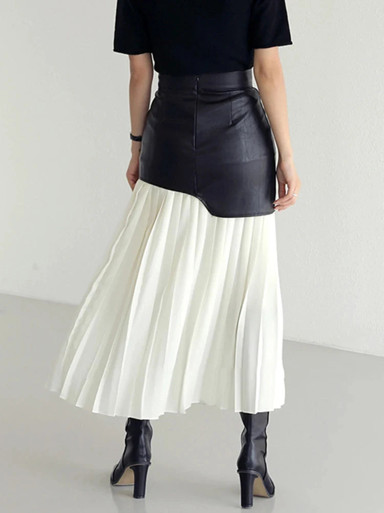 VGH Patchwork Leather Elegant Slimming Skirts For Women High Waist Bodycon Colorblock Temperament Skirt Female Fashion Clothing