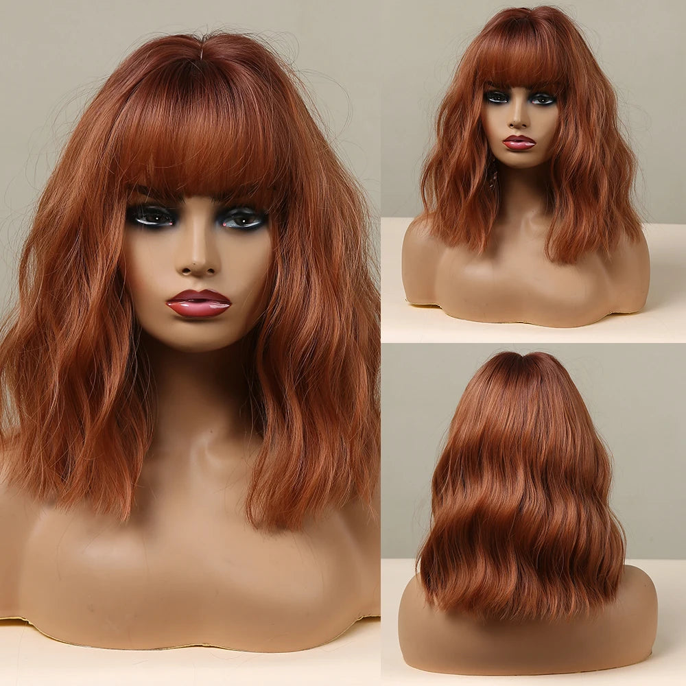 KIMLUD, HENRY MARGU Red Copper Ginger Synthetic Wigs with Bangs Medium Water Wave Natural Bob Daily Hair Wigs for Women Heat Resistant, KIMLUD Womens Clothes