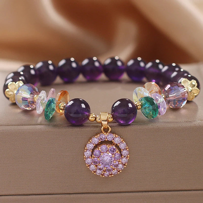 Natural Amethyst Bracelet  Women's Light Luxury Wishing Lucky Cat Beaded Pendant Hand Chain Best Friend Bangles Jewelry Gift