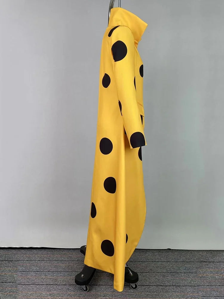 Beautyblue Polka-Dot Woolen Coat Women's Long Jacket 2025 New Split-Joint Long Sleeves Lapel Elegant Yellow Outerwears Female