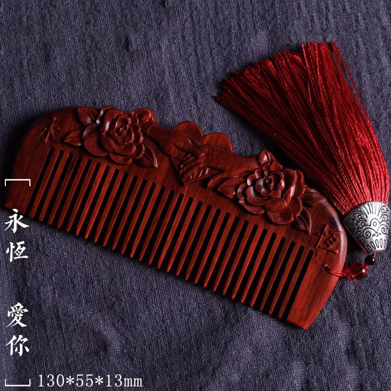 Natural Rhinoceros Horn Small Leaf Red Sandalwood Carved Wood Comb Retro Style Massage Comb Gifts with comb