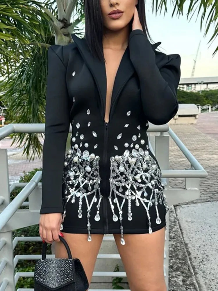 VGH Solid Patchwork Diamonds Temperament Dress For Women Notched Collar Long Sleeve High Waist Slimming Dresses Female Fashion